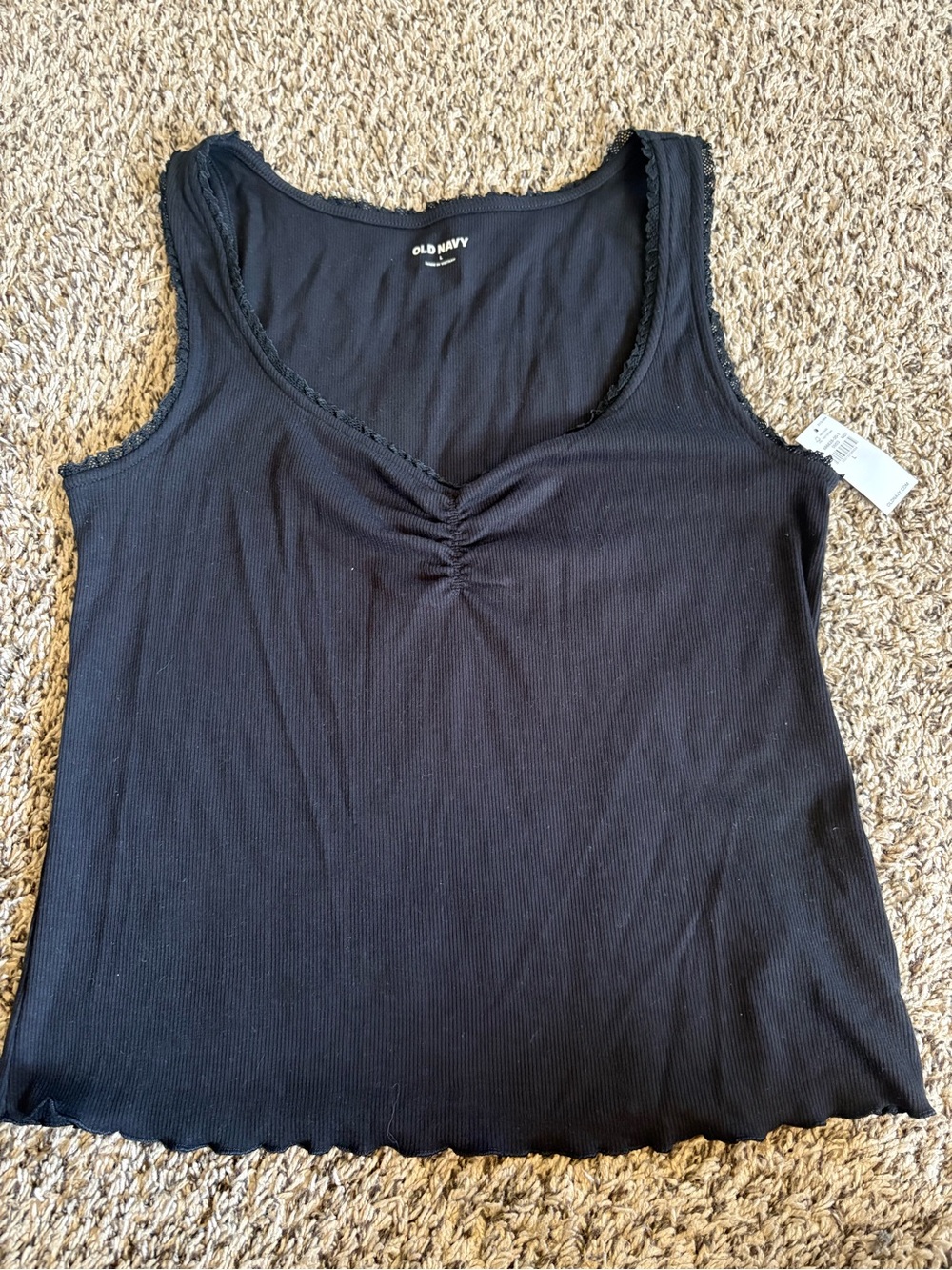 Old Navy Black Ribbed V-Neck Tank with Lace Trim